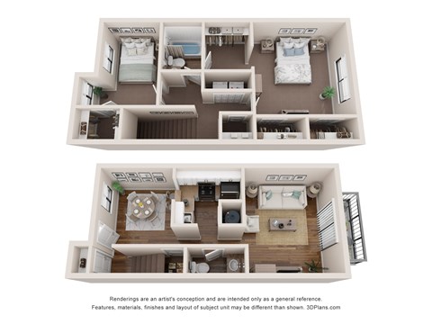 A 3D floor plan of a two-bedroom apartment.